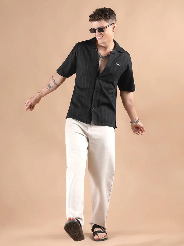 Black Half Sleeve Cuban Collar Shirt